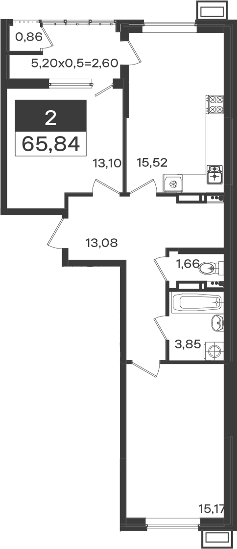 Продается 2-комн. квартира, 62.38 м²