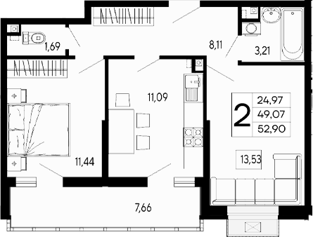 2-комн., 49.07 м², 2/16 этаж, ЖК «Эпос»