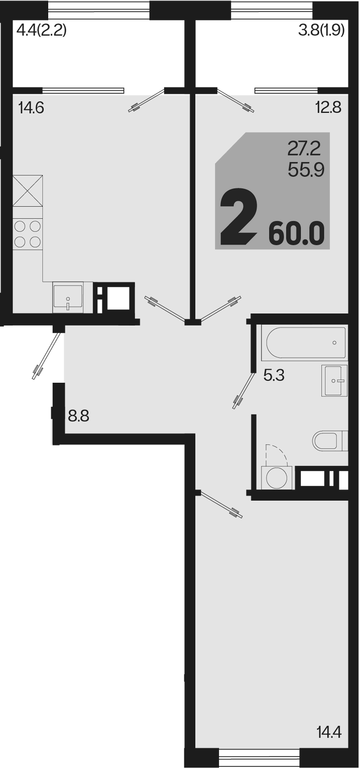 2-комн., 55.9 м², 6/9 этаж, ЖК «Первое место»