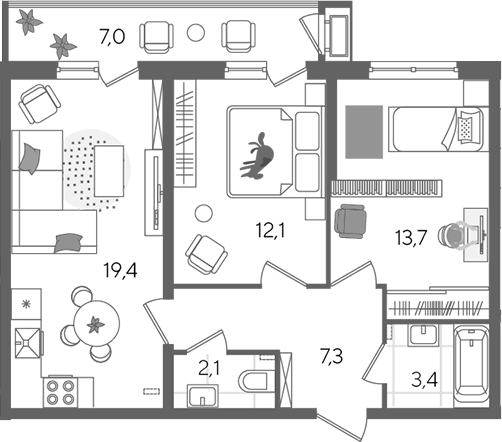 3-комн., 58 м², 2/24 этаж, ЖК «Рекорд»