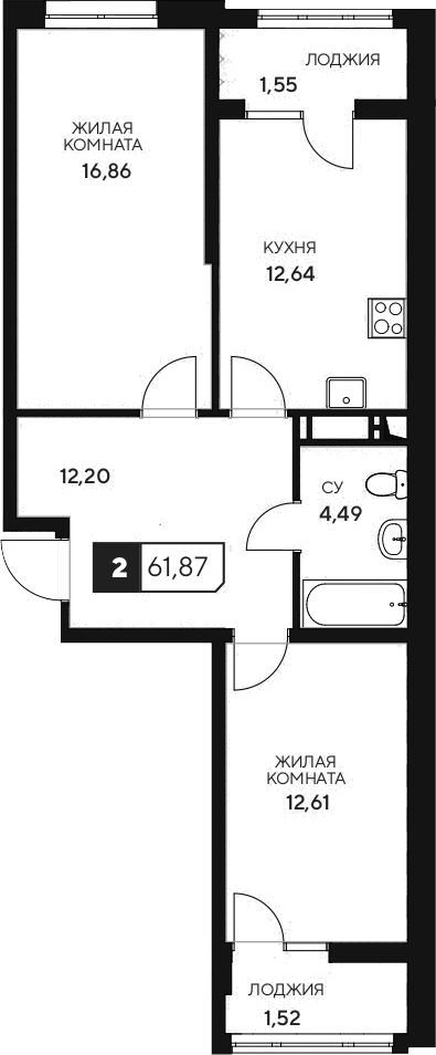 2-комн., 58.8 м², 2/20 этаж, ЖК «Центральный. Гамма»