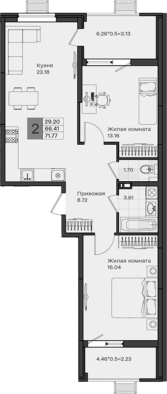 2-комн., 66.41 м², 6/8 этаж, ЖК «МОНО квартал»