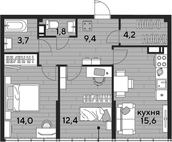 2-комн., 61.1 м², 19/19 этаж, ЖК «DОГМА ПАРК»