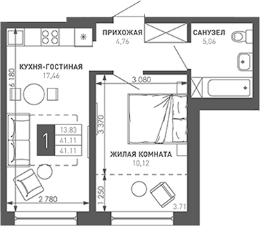 Продается 1-комн. квартира, 42.8 м²