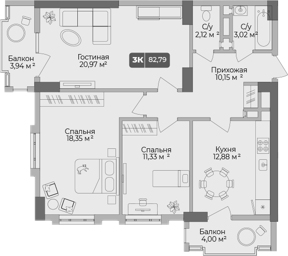 3-комн., 80.41 м², 4/17 этаж, ЖК «Золотой берег. СЗ Среда»