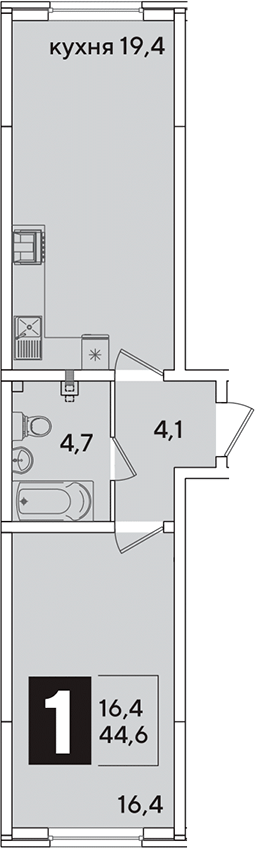 2-комн., 44.6 м², 1/16 этаж, ЖК «Самолет»