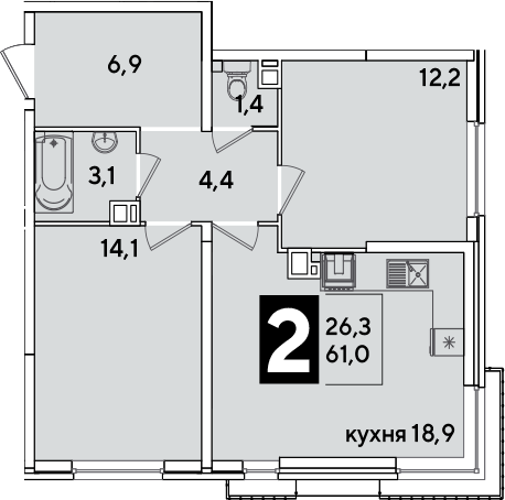 3-комн., 61 м², 7/16 этаж, ЖК «Самолет»