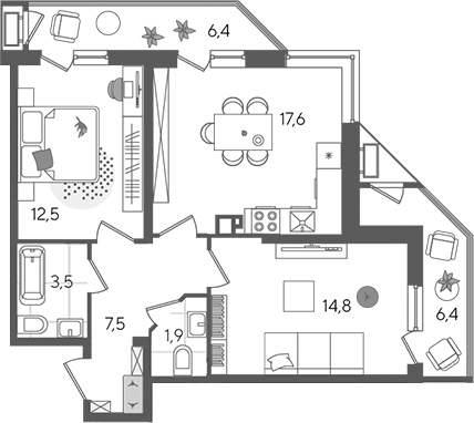 3-комн., 57.8 м², 5/24 этаж, ЖК «Рекорд»