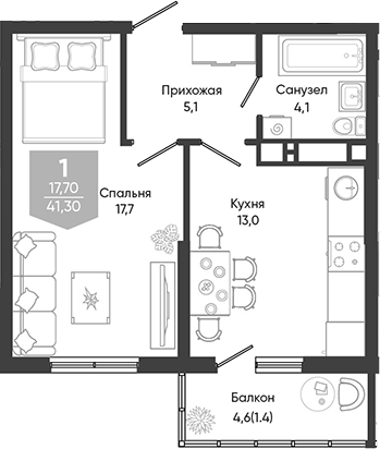 1-комн., 39.9 м², 15/24 этаж, ЖК «Облака»