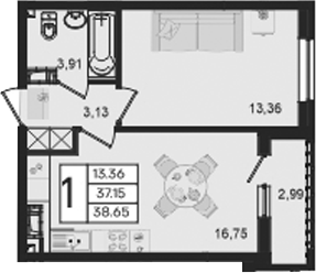 Продается 1-комн. квартира, 37.15 м²