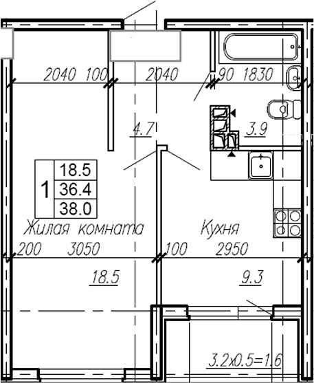 1-комн., 36.4 м², 1/4 этаж, ЖК «Эво»