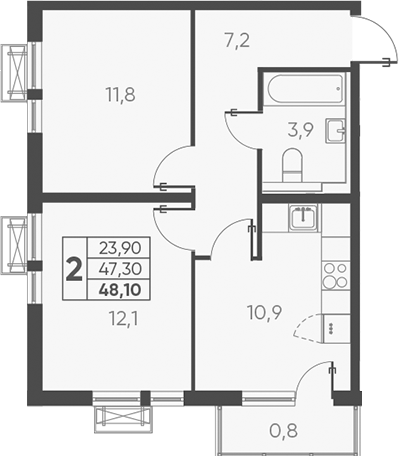 2-комн., 49.17 м², 6/24 этаж, ЖК «Барса»