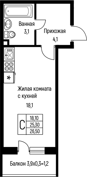 Студия, 25.3 м², 1/3 этаж, ЖК «Nova Vita»