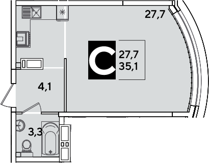 Студия, 35.1 м², 13/16 этаж, ЖК «Самолет»