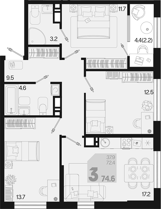 3-комн., 72.4 м², 7/9 этаж, ЖК «Первое место»