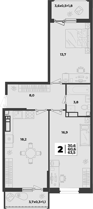 2-комн., 60.6 м², 7/9 этаж, ЖК «Лето»