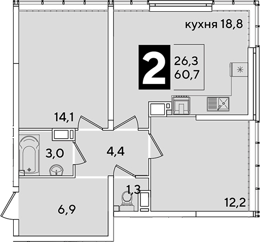 3-комн., 60.7 м², 15/16 этаж, ЖК «Самолет»