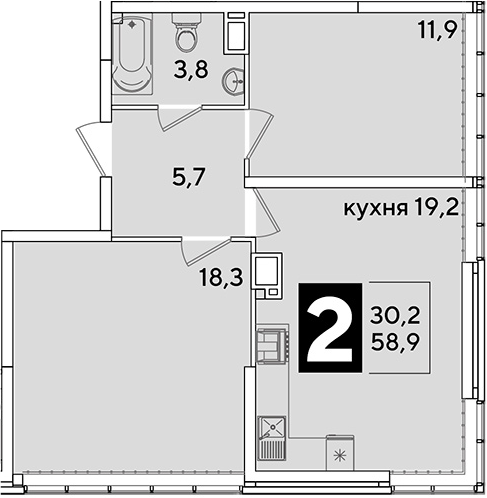 3-комн., 58.9 м², 15/16 этаж, ЖК «Самолет»