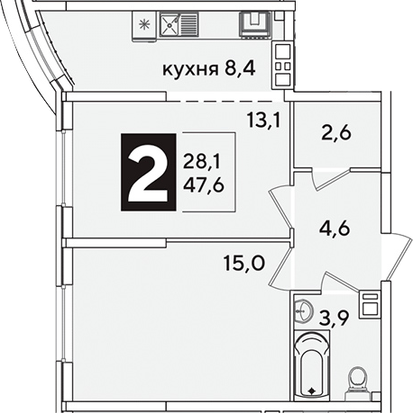 2-комн., 47.6 м², 4/16 этаж, ЖК «Самолет»