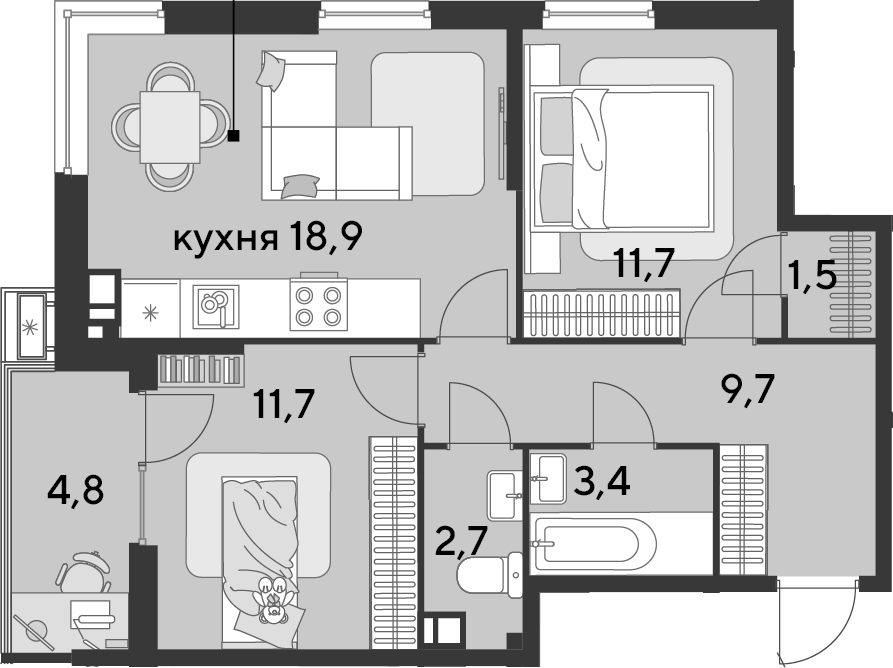 3-комн., 59.6 м², 7/18 этаж, ЖК «Парк Победы»