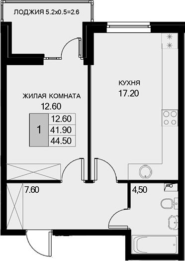1-комн., 41.9 м², 2/7 этаж, ЖК «История»