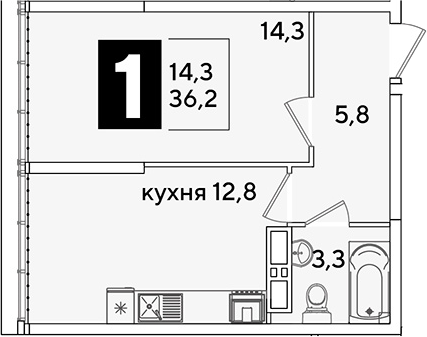 1-комн., 36.2 м², 16/16 этаж, ЖК «Самолет»