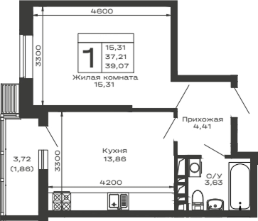 1-комн., 37.21 м², 16/16 этаж, ЖК «Долина»