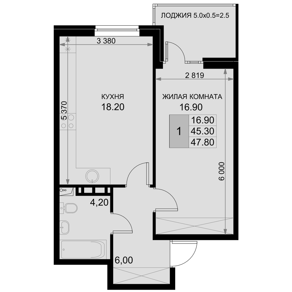 2-комн., 45.3 м², 6/7 этаж, ЖК «История»