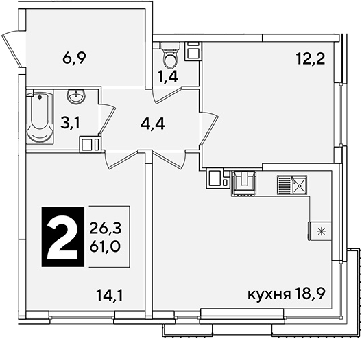 3-комн., 61 м², 9/16 этаж, ЖК «Самолет»
