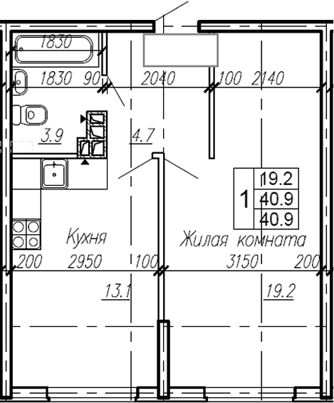 1-комн., 40.9 м², 4/4 этаж, ЖК «Эво»