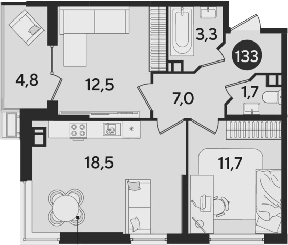 3-комн., 54.7 м², 6/9 этаж, ЖК «Парк Победы»