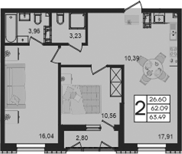 2-комн., 62.09 м², 4/18 этаж, ЖК «Дом 101»