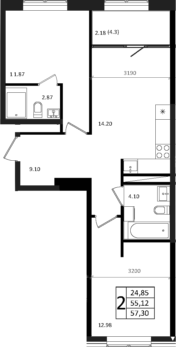 3-комн., 55.12 м², 6/7 этаж, ЖК «Патрики»