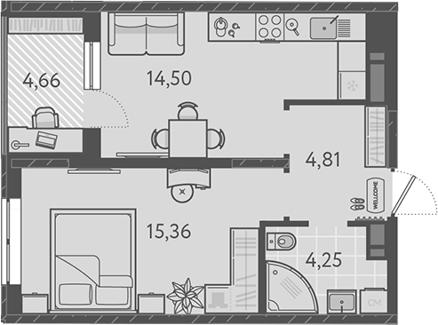 1-комн., 38.84 м², 12/18 этаж, ЖК «Теплые края»