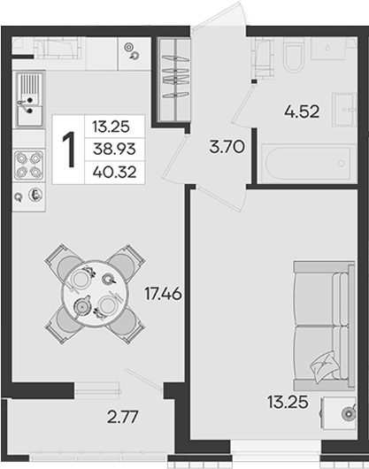 1-комн., 38.93 м², 13/18 этаж, ЖК «Дом 101»