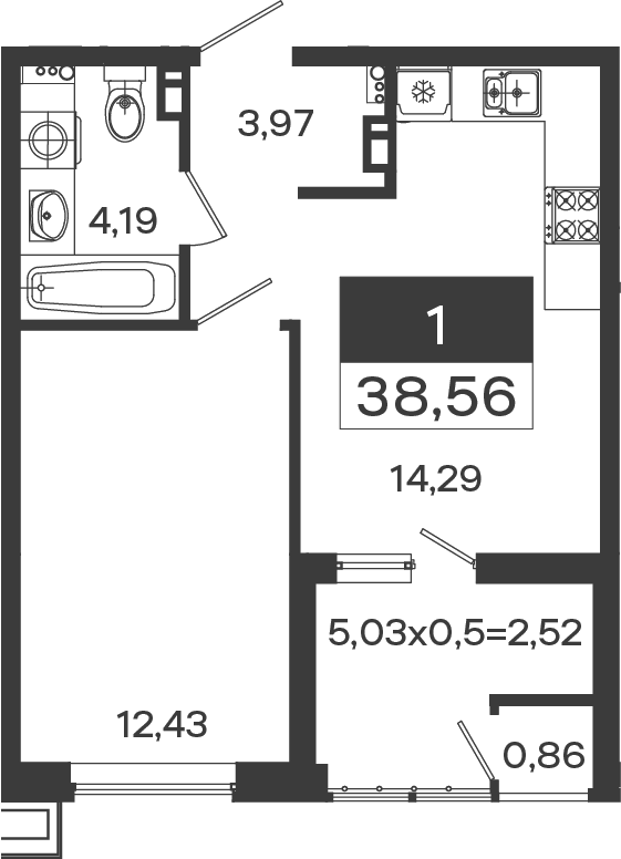 1-комн., 34.88 м², 5/18 этаж, ЖК «Образцово»