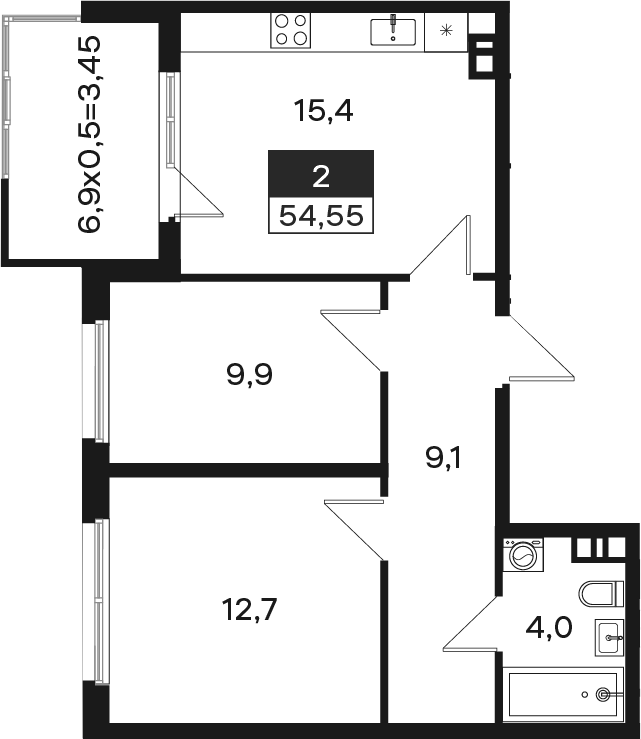 2-комн., 51.1 м², 2/4 этаж, ЖК «Новая Елизаветка»