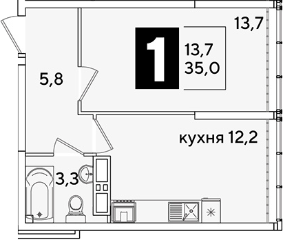 1-комн., 35 м², 15/16 этаж, ЖК «Самолет»
