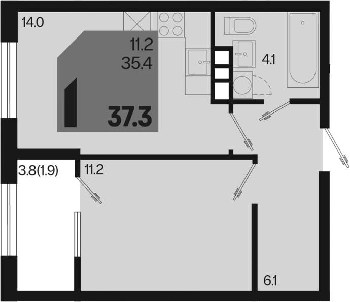 1-комн., 35.4 м², 4/9 этаж, ЖК «Первое место»
