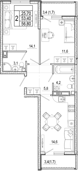 2-комн., 53.4 м², 16/17 этаж, ЖК «Лестория»