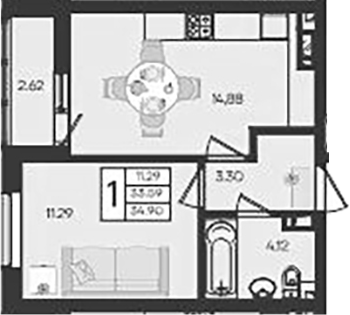 1-комн., 33.59 м², 3/9 этаж, ЖК «Дом 101»