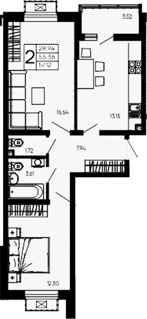 Продается 2-комн. квартира, 55.36 м²