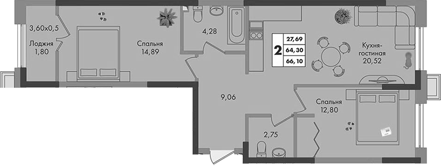 2-комн., 64.3 м², 8/9 этаж, ЖК «Зеленая территория»