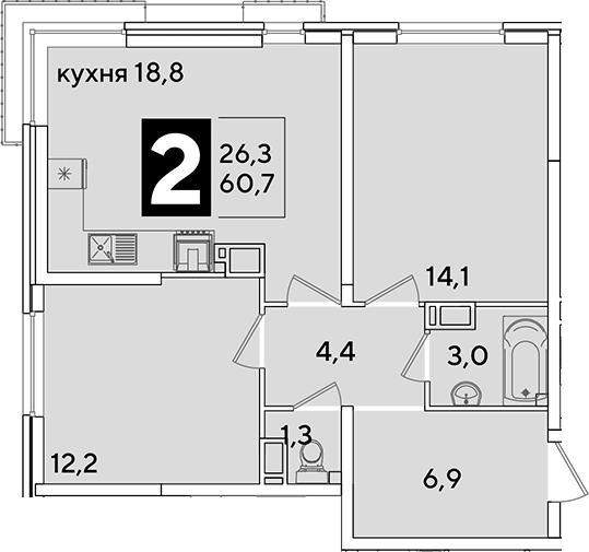 3-комн., 60.7 м², 10/16 этаж, ЖК «Самолет»