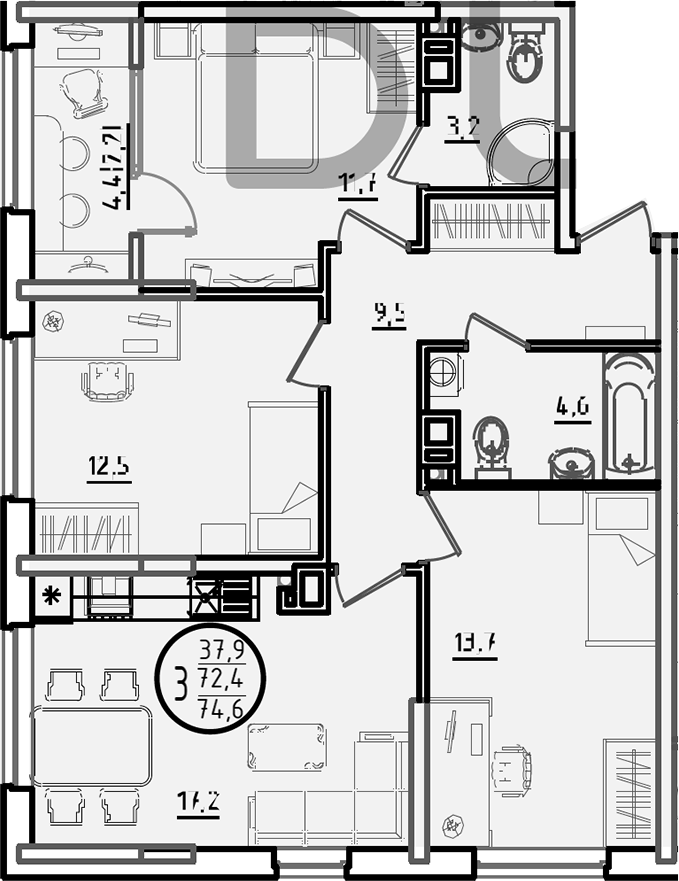 3-комн., 72.4 м², 6/9 этаж, ЖК «Первое место»