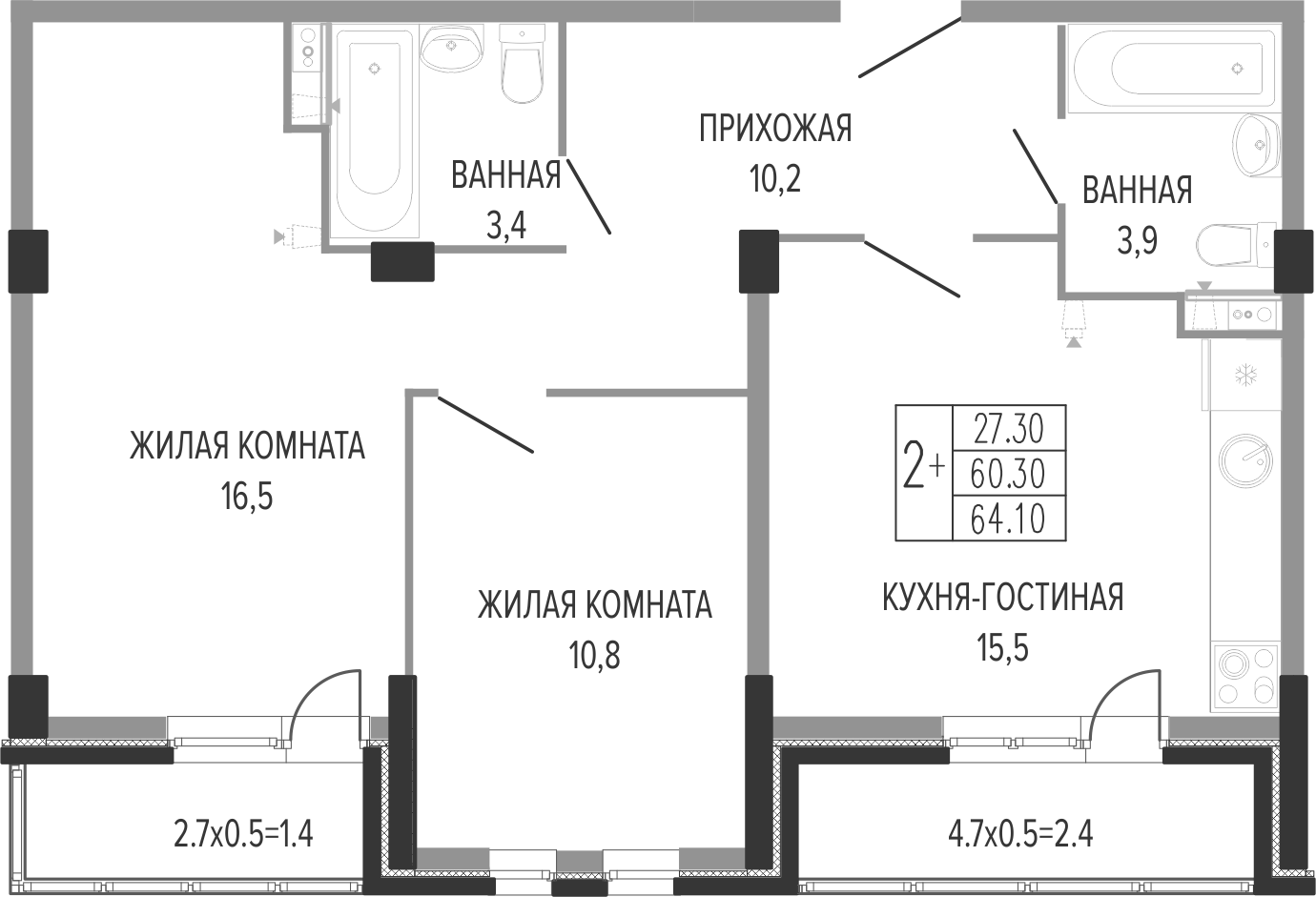 3-комн., 61.85 м², 1/7 этаж, ЖК «Екатерининский парк»