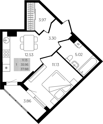 1-комн., 35.95 м², 4/8 этаж, ЖК «Курортный регион»
