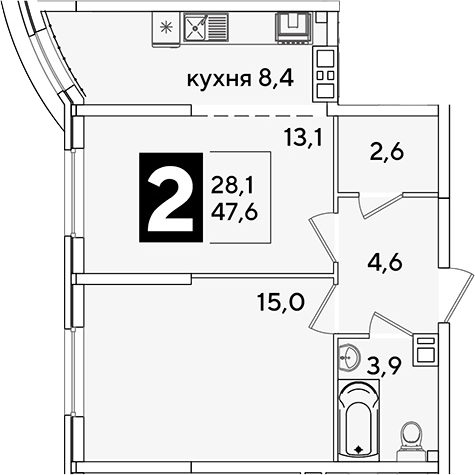 2-комн., 47.6 м², 8/16 этаж, ЖК «Самолет»