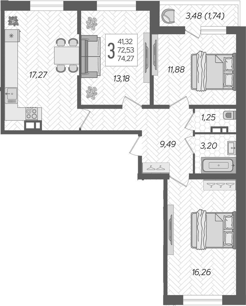 3-комн., 72.53 м², 14/19 этаж, ЖК «Смородина»