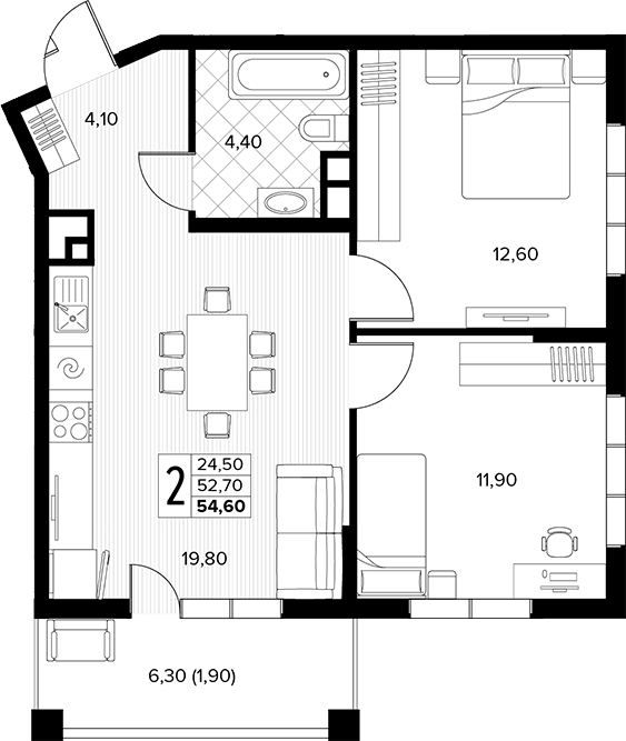 2-комн., 52.7 м², 6/8 этаж, ЖК «Кипарис»
